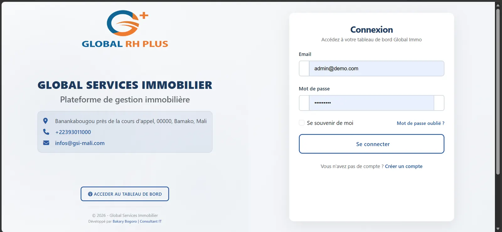 Interface de l’application web GS-Immo